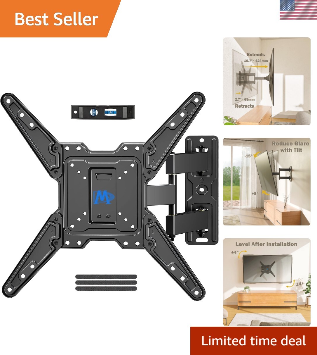 UL Listed TV Wall Mount for Most 26-55 Inch TVs, Full Motion TV Mount with Pe...