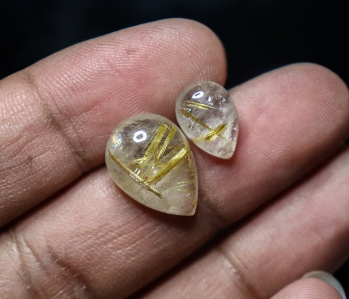 Natural Golden Rutile Quartz Pear Cabochon Gemstone Loose 2 Pcs, 12.00 Ct - Picture 2 of 5