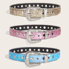 Women Rhinestone Belt Western Cowgirl Bling Faux Leather Jeans Dress