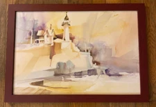 Original Watercolor Lighthouse Nautical Abstract Modern Art - Elise Morenon AWS