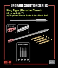 RYEFIELD 2082 8.8cm kwK 43L/71 Metal Gun Barrel w/Muzzle Brake & Metal Bullets