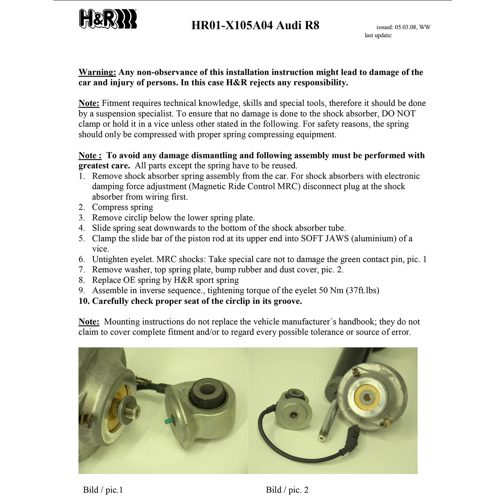 H&R 29058-1 Lowering Sport Front and Rear Springs Kit for 2008-15 Audi R8 V8 V10