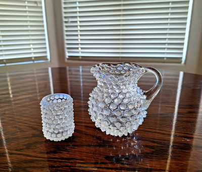 EAPG Hobbs Brockunier Child's White Opalescent Toy Beverage Pitcher & Tumbler