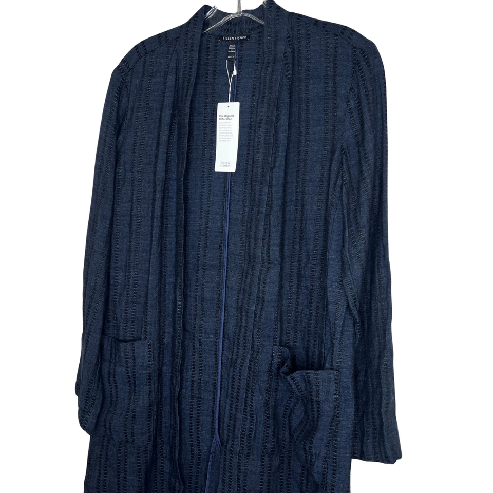 Eileen Fisher Long Jacket Sz XXS Blue Textured Organic Linen Stripe Quite Luxury - Image 2 of 4