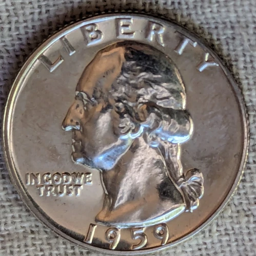 1959 Washington Quarter Gem Proof; Rainbow Tone Rev, Low Mintage -.9 Fine Silver