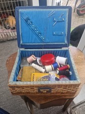 Vintage 1950's Wicker Sewing Basket With Blue Lid All Contents Good Condition