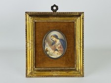 Quadro Con Cornice In Legno Dorato E Miniatura Ovale Dipinto Madonna XX Sec.