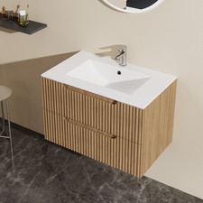 30" Wall-Mount Bathroom Vanity Cabinet w/White Basin Sink Combo Floating,Walnut