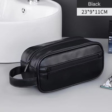 Unisex Soft Black Leather Travel Wash Toiletry Bag Grooming Kit Pouch Bag 3510