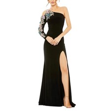 Mac Duggal 2204 Black Evening Gown One Shoulder Sequin Long Sleeve Dress Size 14