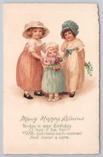 Tuck Art Postcard Series 648 Three Girls Flowers Birthday Greeting 1926