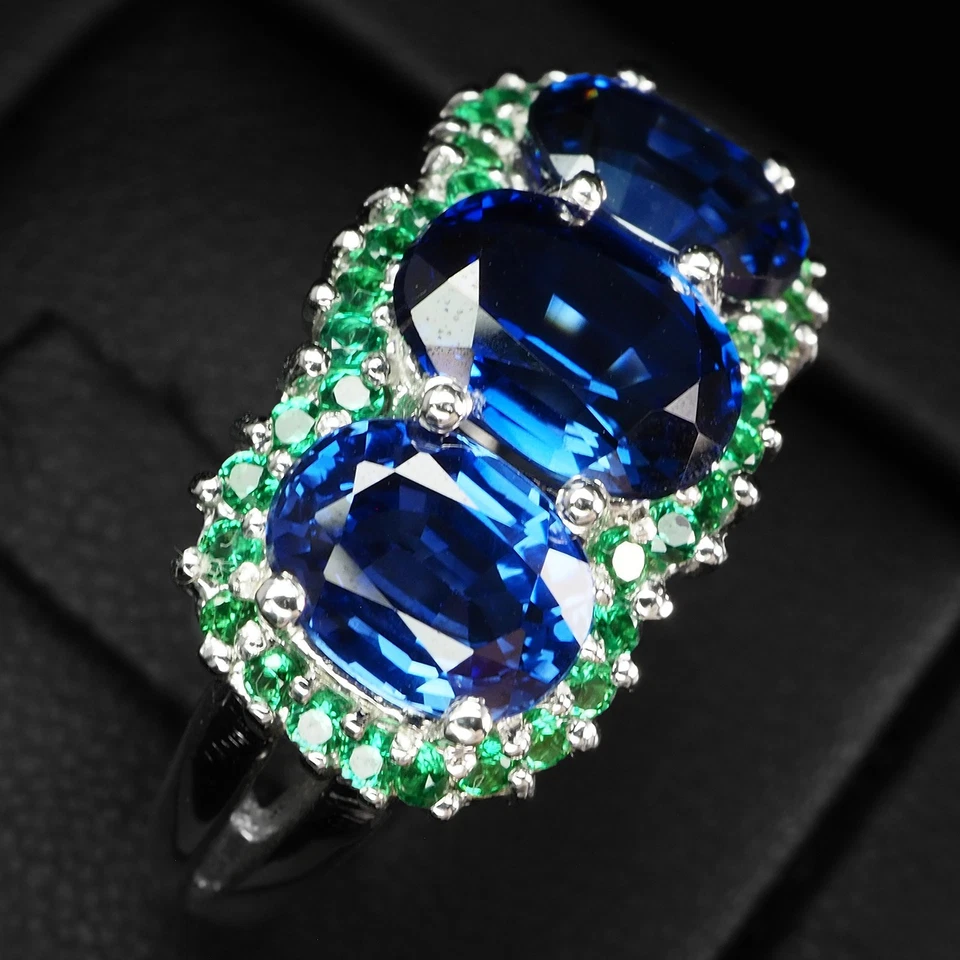 Anelli fatti a mano in argento sterling 925 con tre pietre e zaffiro blu... - Immagine 3 di 4