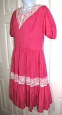 VTG Calico House Pink Midi Dress Fit/flair Rockabilly Square Dance Ruffle Wm. L