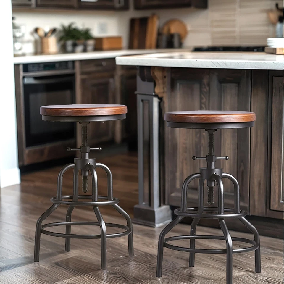 Vintage Industrial Bar Stool-Rustic Swivel Barstools-Round Wood Metal Base-Ki... - Image 2 of 4