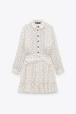ZARA White Black Polka Dot Textured Mini Dress Long Sleeve Ruffle Hem Size M