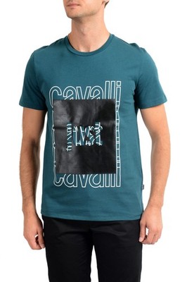 Just Cavalli Men's Green Graphic Print Crewneck T-Shirt US M IT 50