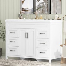 White 47" Bathroom Double Sink Vanity Cabinet Ceramic W/ Double Sink Cabinet