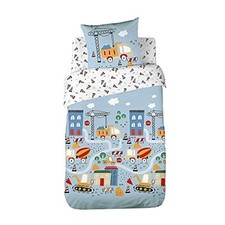 CÔTE DECO Parure da letto per bambini, reversibile, camion e trattore, blu, copr