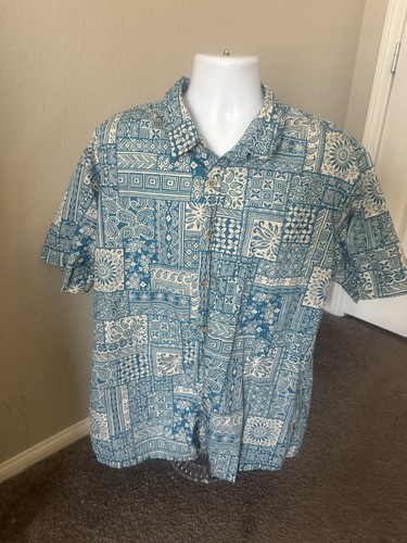 Cooke Island hawaiianisches Shirt Aloha Tribal Blumen Camp blau 2XL Baumwolle
