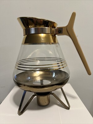 Vintage MCM Atomic Inland Glass Coffee Carafe And Warming Stand 22k Gold Plating