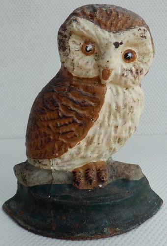 VINTAGE Owl Doorstop Cast Iron Hand Painted Bird Retro 10 cm Height - Picture 10 of 11