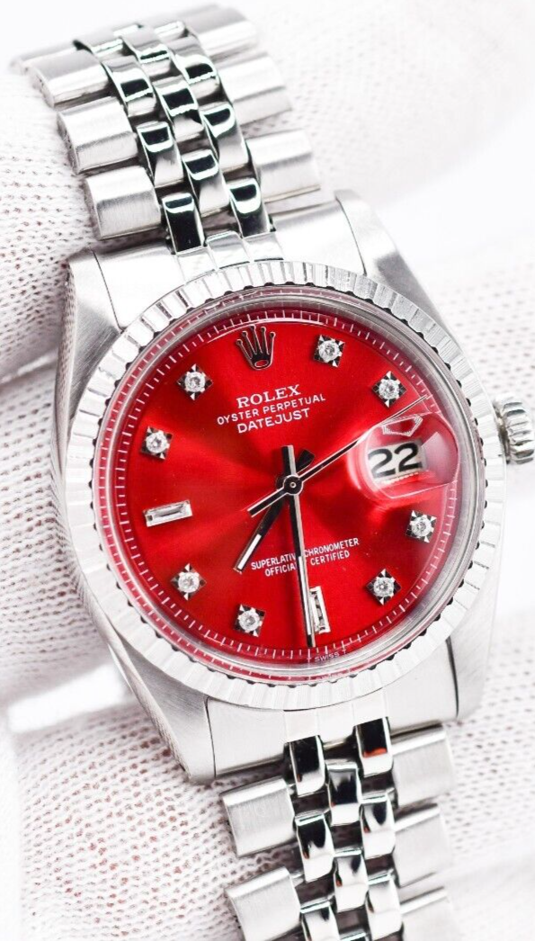 Rolex Datejust 1603 Cherry Red Baguette Diamond Dial 36mm Watch
