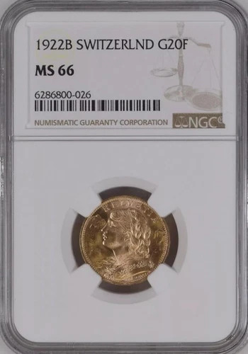 SWITZERLAND , GOLD 20 FRANCS 1922 B - NGC MS 66 , RARE8