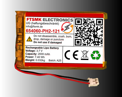 654060 LiPo Batterie Akku 2000mAh 3.7V JST PH2.0 Stecker für Powerbank, Navi