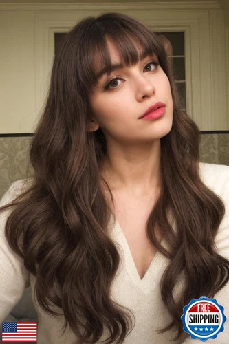 Stamped Glorious Brown Wig with Bangs for Women Long Wavy Curly Wigs Syntheti