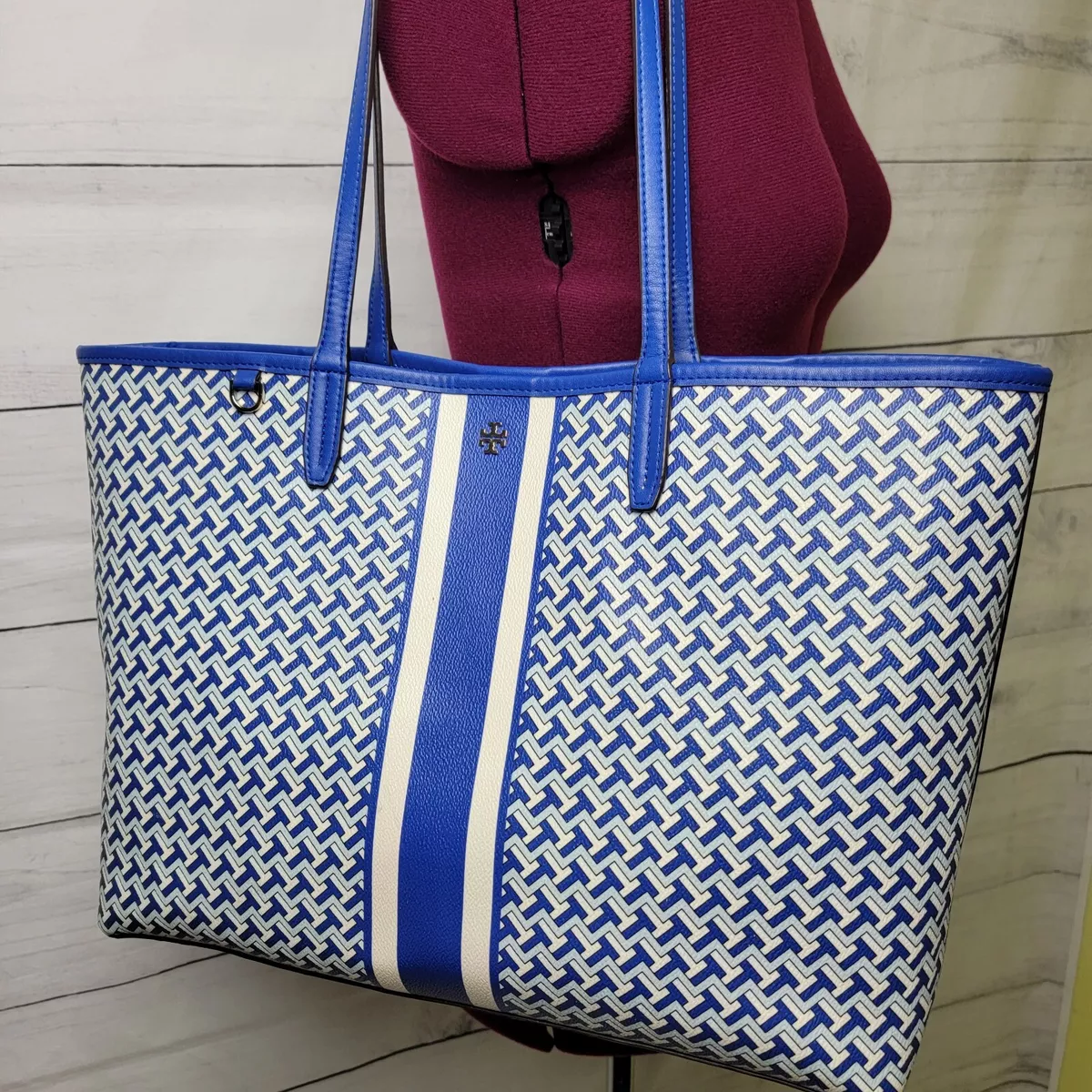TORY BURCH T Zag Tote Shopper Blue Yonder 64206 399 MSRP T Logo Coated Canvas