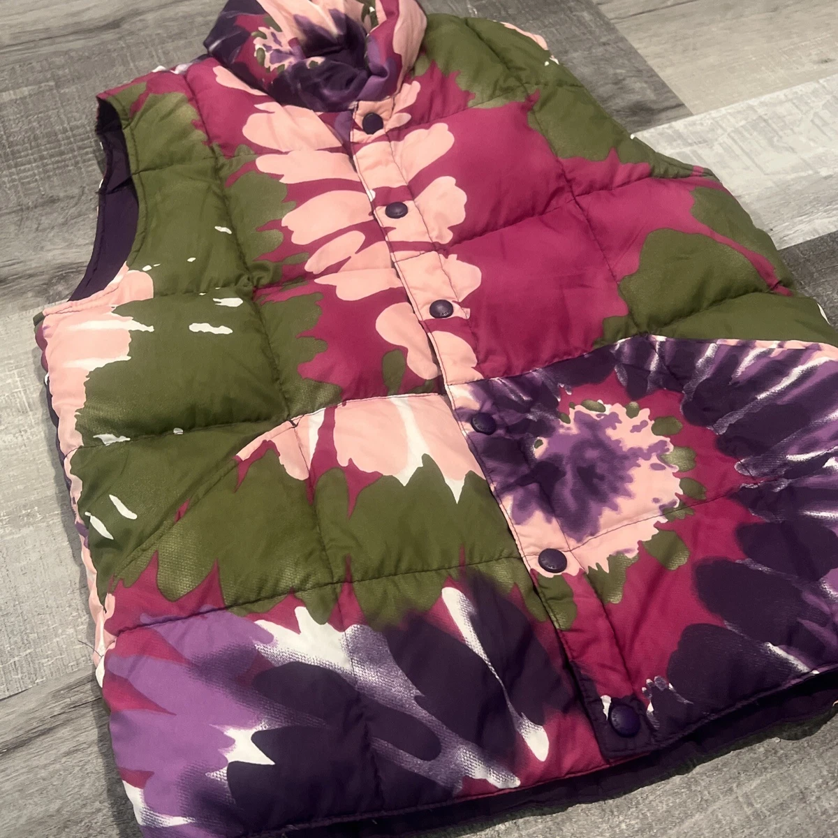 Lands End Down Feather Puffer Vest Girls Size 10 12 Tie Dye Floral