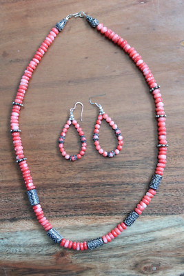 Coral & Bali Sterling Silver Necklace & Earrings SET