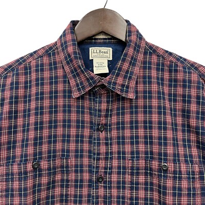 L.L. Bean Mens Flannel Shirt Navy/Red Plaid Pocket Outdoor M Slightly Fitted euc