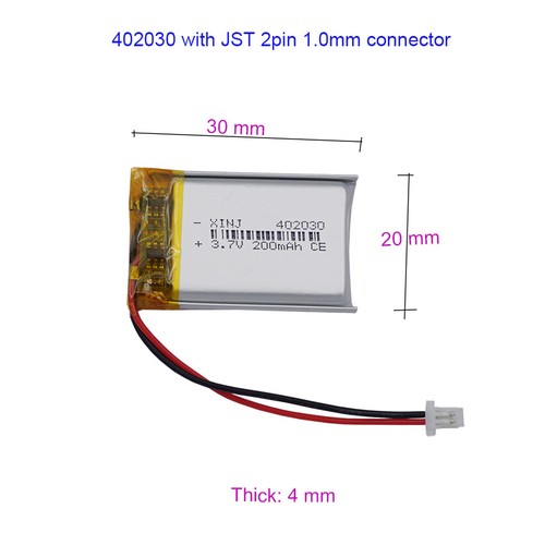 2pcs 3.7V 200mAh 0.74Wh Li Battery 402030 Li-ion JST 2pin 1.0mm Connector Plug - Picture 2 of 4