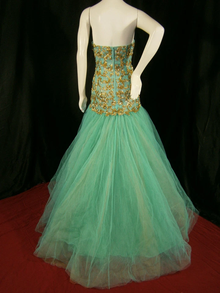 Vestido Formal Sherri Hill 4 Turquesa Dorado Cuentas Vestido de Baile Tul Sin Tirantes Baile de graduación Foto 2 de 4