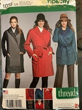 SIMPLICITY PATTERN 1015 COAT JACKET  Trench Tie Belt PLUS SIZE 16 18 20 22 24
