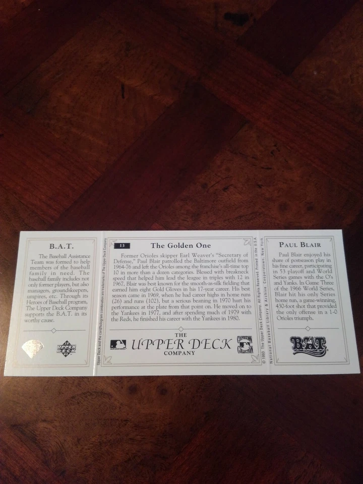 PAUL BLAIR 1993 UPPER DECK B.A.T. THE GOLDEN ONE  #13 FREE SHIPPING  - Image 2 of 2