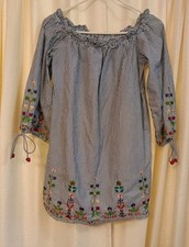 Boho Cottage Mini Dress Women's XS Striped Floral Embroidered Off Shoulder 3/4