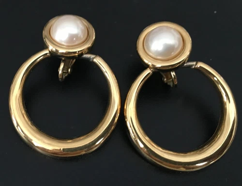 Vintage Earrings SIGNED TRIFARI Faux Pearl Hoop Clipon Gold tone Jewelry lot x
