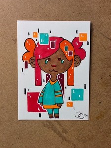 ACEO Original, Cubist Pigtails, Alcohol Marker Mini Illustration 3.5in x 2.5in