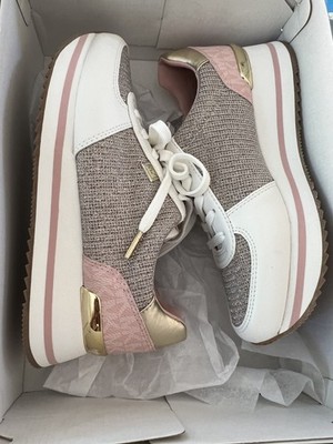 MICHAEL KORS 7 Monique MK Logo Lace-Up Sneakers Trainers White Gold (GR6