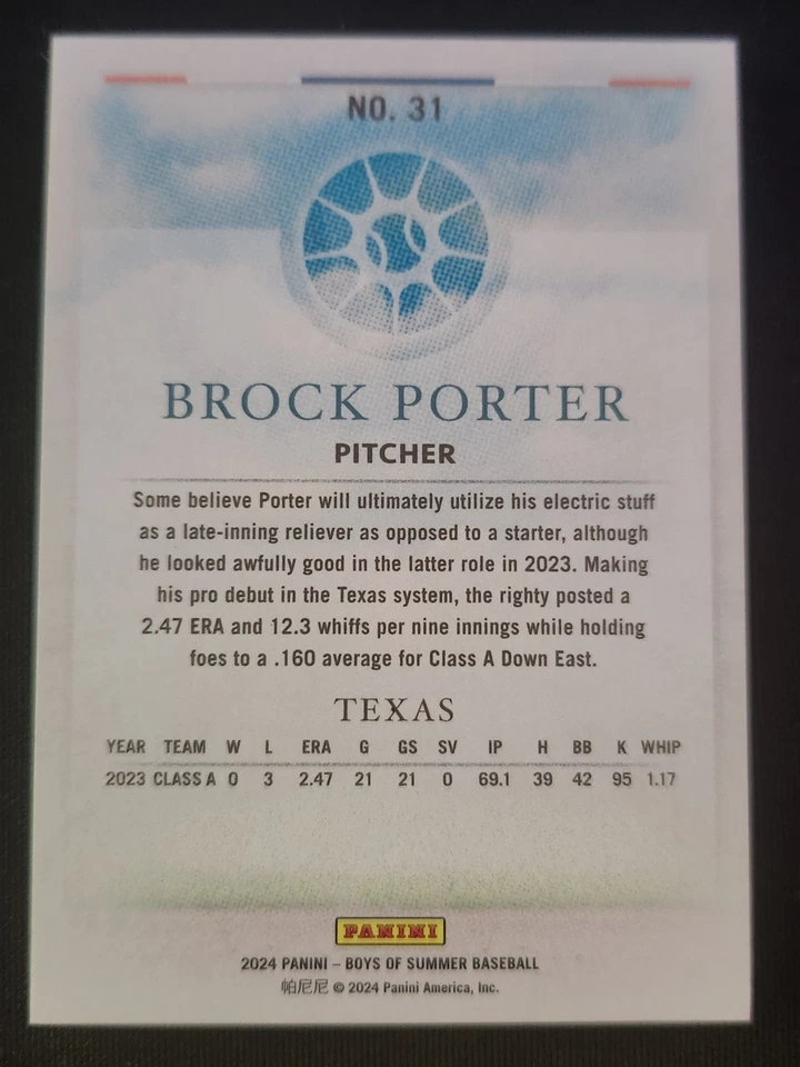 2024 Panini Boys of Summer Red /149 Brock Porter #31 - Image 2 of 2