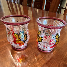 Crackle Clear Glass Fall Leaf Pattern Votive/Tea Light Candle Holders Set of 2