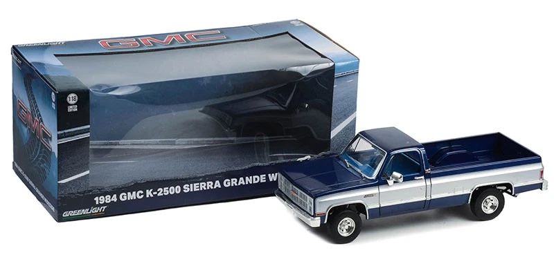 GREENLIGHT, 1984 GMC K-2500 Sierra Grande Wideside blu scuro e argento, 1/18,... - Immagine 2 di 2