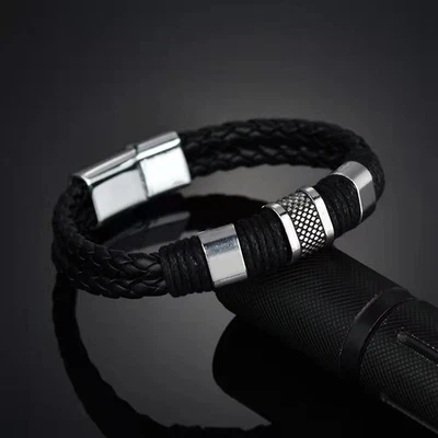 Bracelet artisanal en cuir et corde avec fermeture magnétique pour un usage quo - Photo 1/4