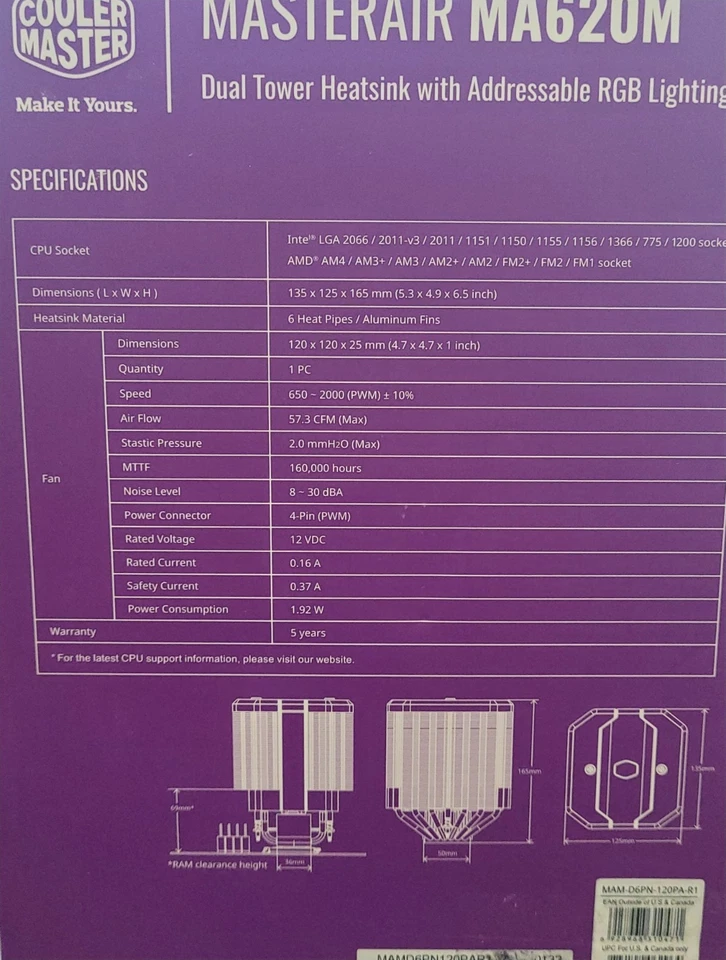 Cooler Master MasterAir MA620M RGB CPU Cooler DUAL TOWER HEATSINK - Image 4 of 4
