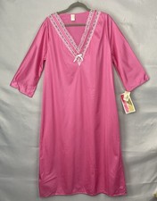 VTG NWT Cozy Plus Nightgown L Pink White Lace Satin V-Neck 3/4 Sleeve