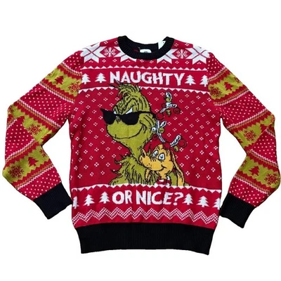 Grinch And Max Naughty Or Nice Men's Large Red Christmas Knit Sweater NWT - Image 1 of 4