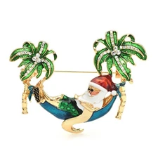 Tropical Santa in Hammock Brooch Pin Christmas Beach Vacation Rhinestone Enamel