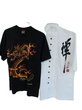 BLACK DRAGON T SHIRT  WHITE COTTON SHIRT CHARMS OF ASIAN CHARACTERS SIZE L MENS